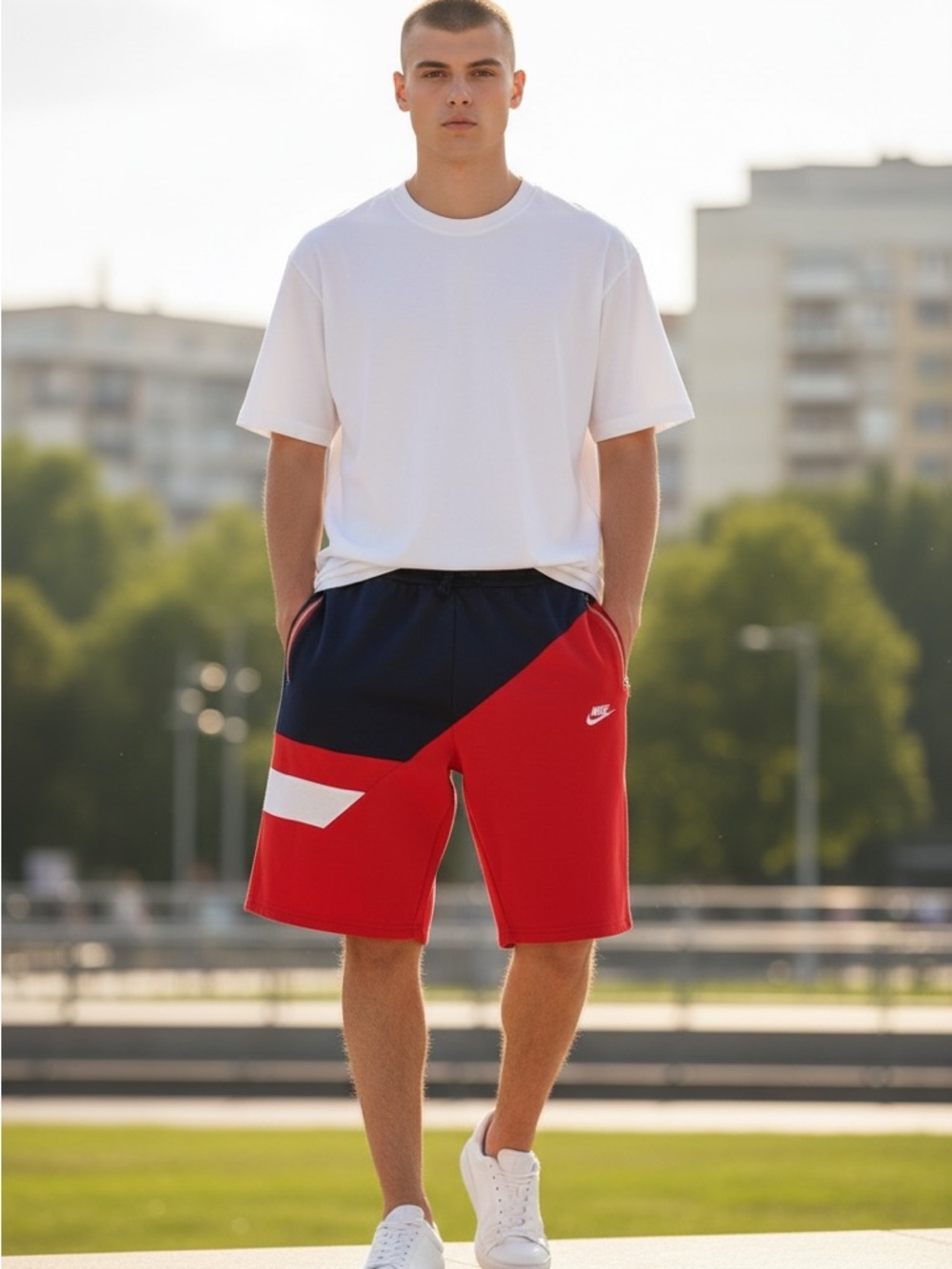 Men's Colorblock Athletic Shorts - Red & Navy - Picture 2 of 9